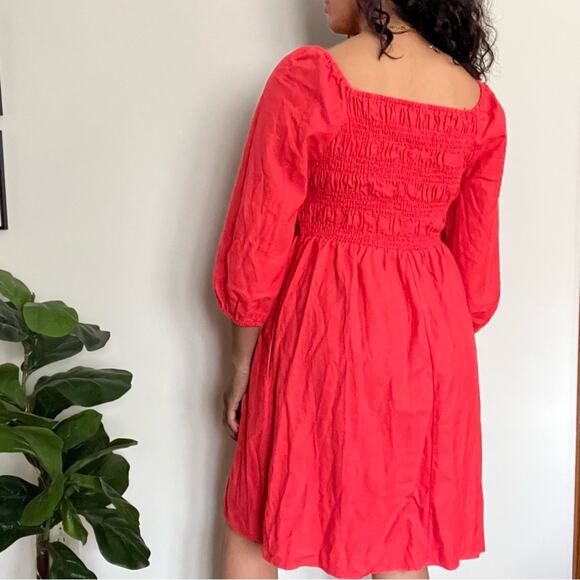 Ingrid + Isabel Maternity Peasant Mini Dress Medium Coral Red Cottagecore Linen - Picture 3 of 13